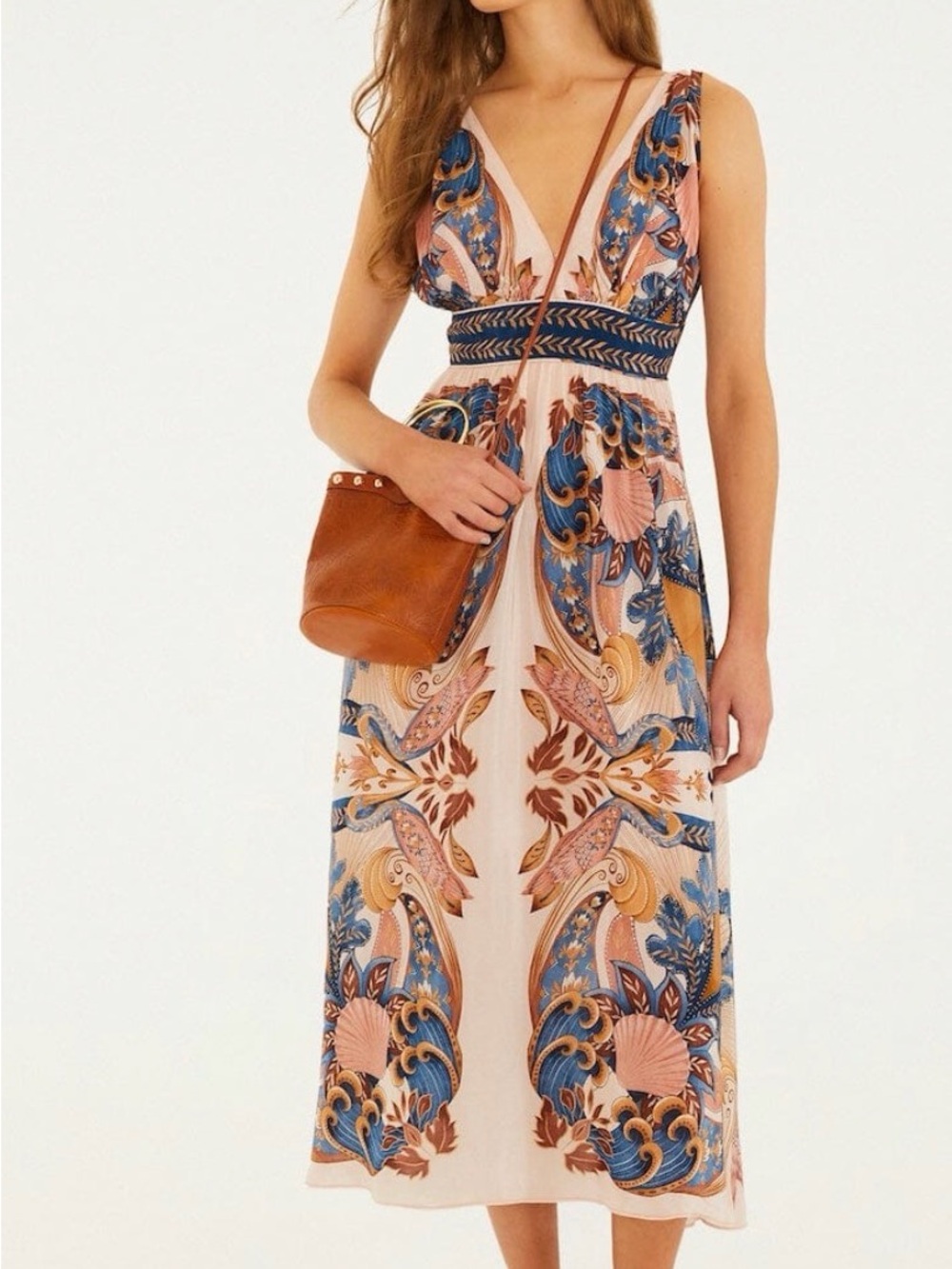 FARM Rio Soft Pink Garden Scarf V Neck Midi Dress